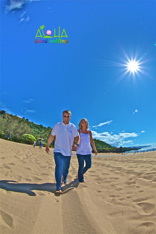 walkign at waimea beach park with smiles on the sand
